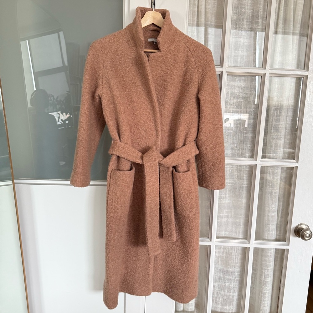 Ganni Women's Tan Wool Coat with pink lining.